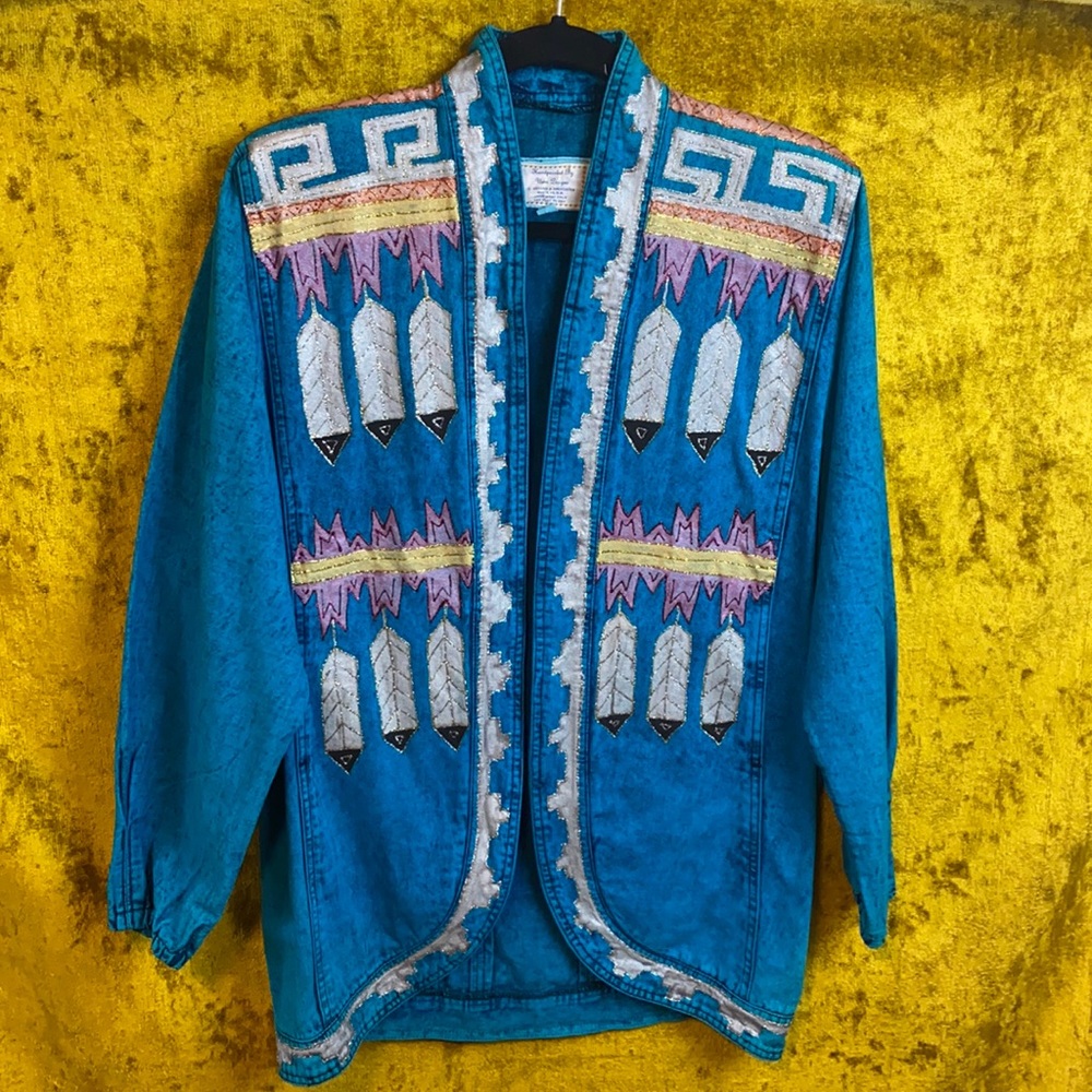 Handpainted Uma Designs Vintage Blue Denim Feather Metallic Jacket Men’s Small